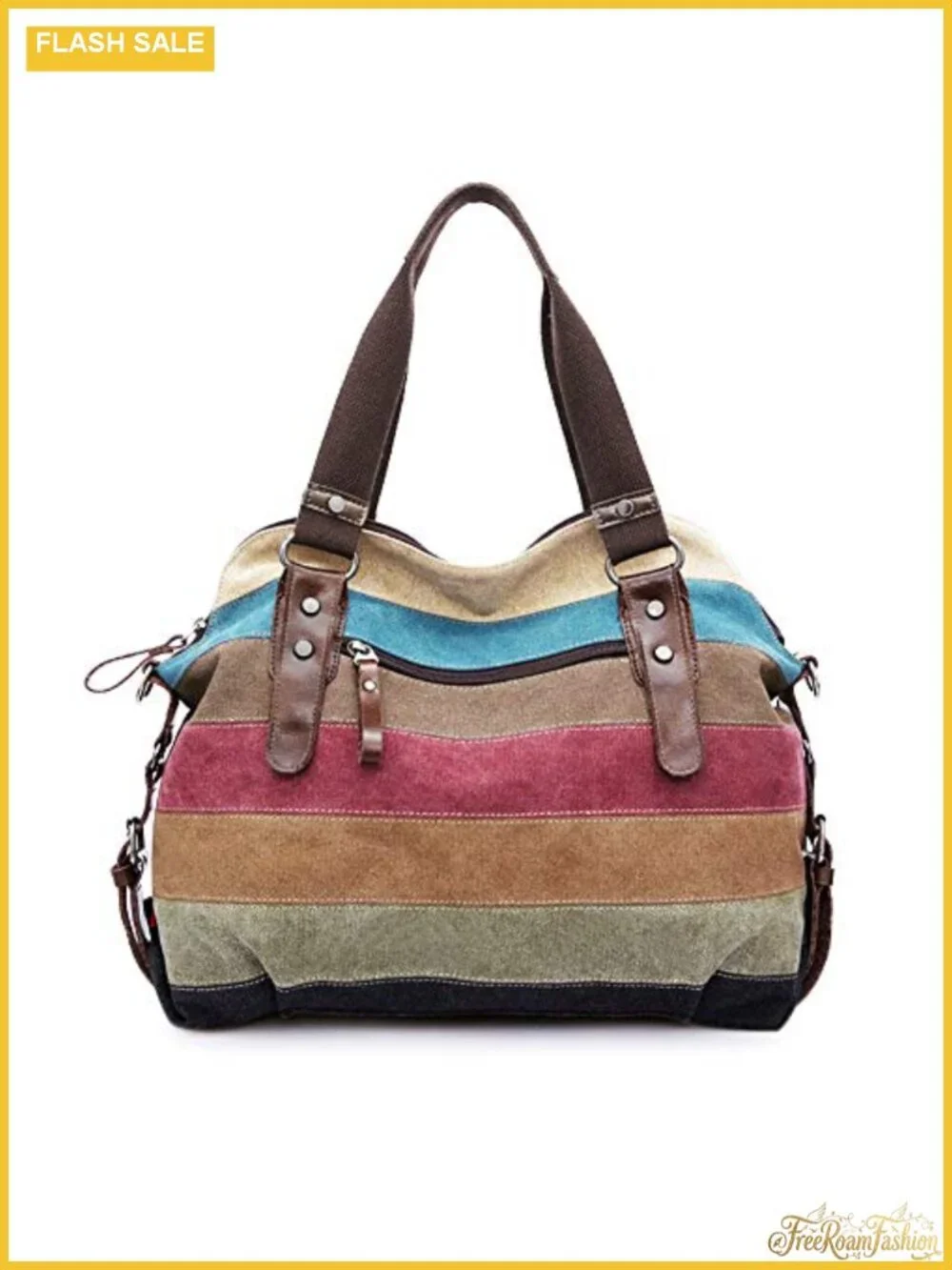 Cotton Canvas Crossbody Shoulder Bag Multi-Color Striped Lattice Handbag Tote